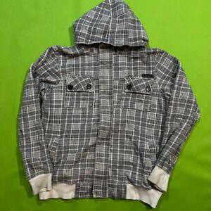 Y2K Ezekiel Mens Small Plaid Zip Up Hoodie Black White Checkered Hooded Jacket
